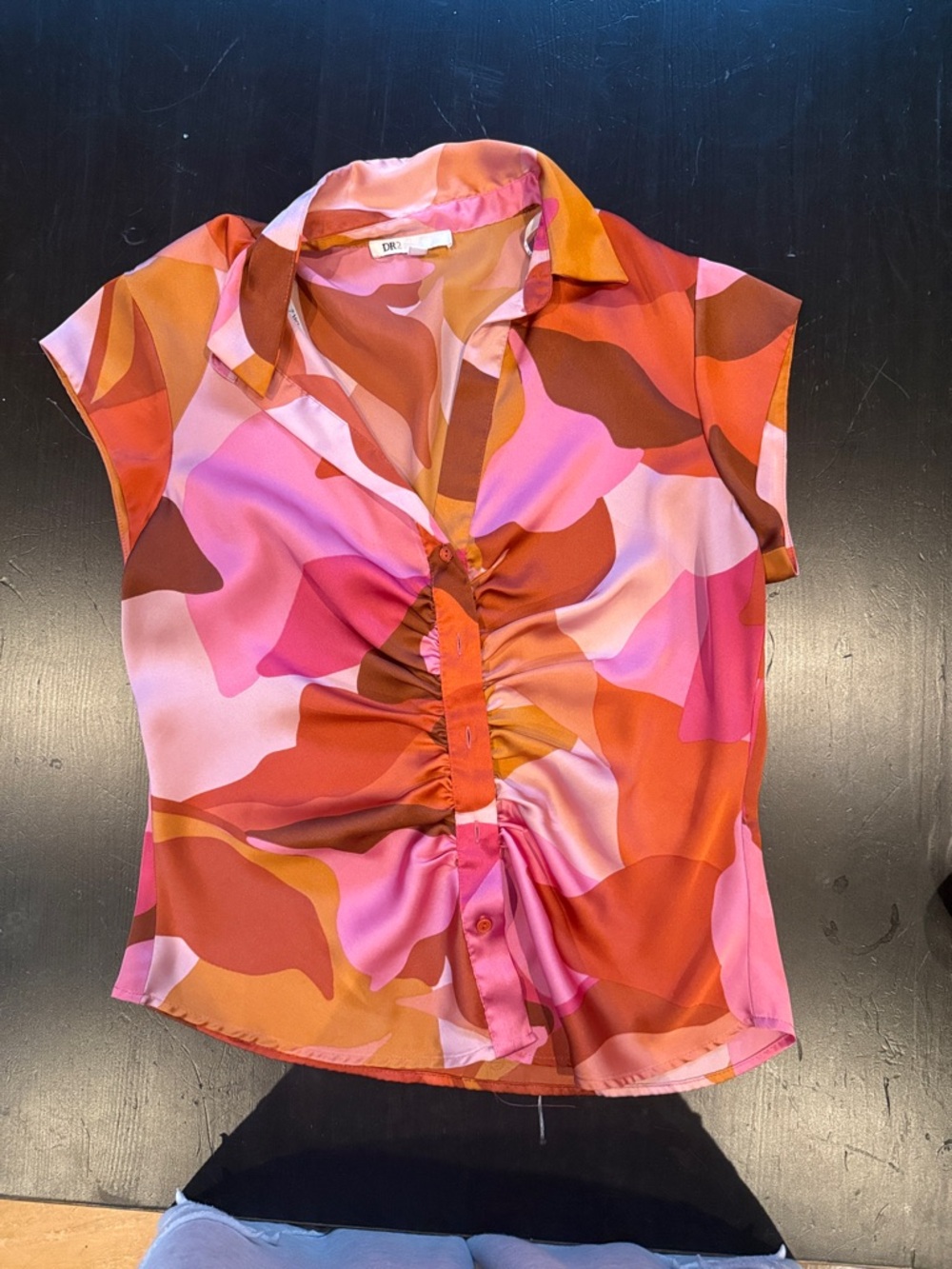 DR2 Abstract Ruched Short Sleeve Blouse in Pink & Orange